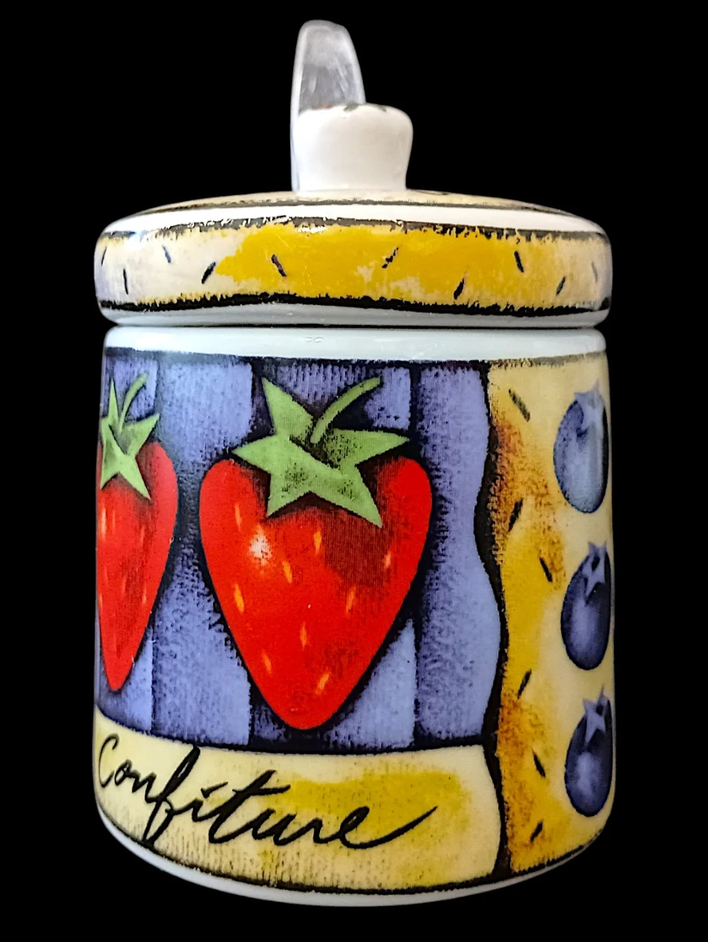 Vintage MSC Joie De‎ Vivre Ceramic Jam Jelly Jar Lid Spoon Fruit Confiture Pot